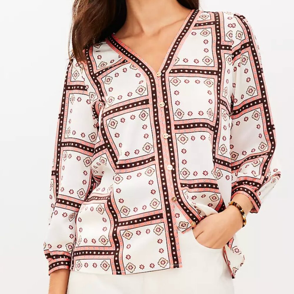 LOFT Windowpane V-Neck Button Blouse - Worn Once, Like New - Size M